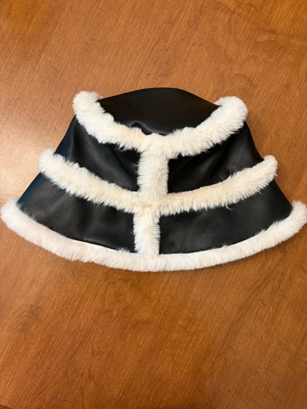 H&M Black Faux Leather Bucket Hat with White Faux Fur Fluffy Trim